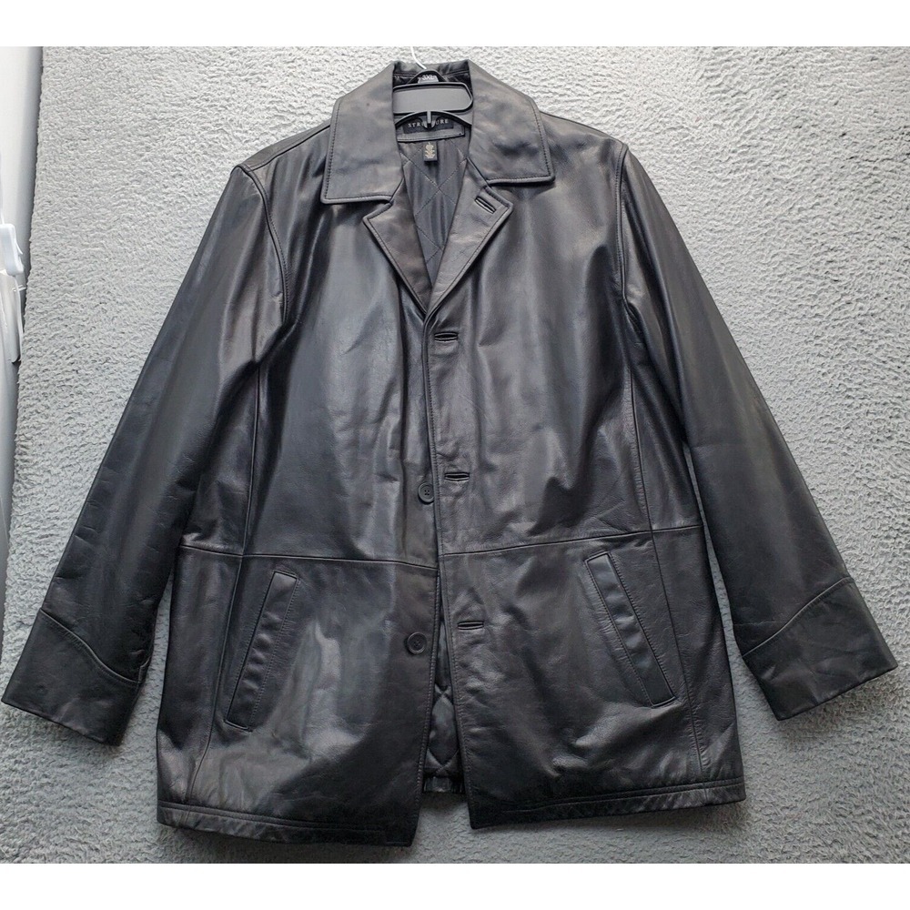 Structure Leather Jacket Mens Large Black Quilted Lined Peak Collar Button Front